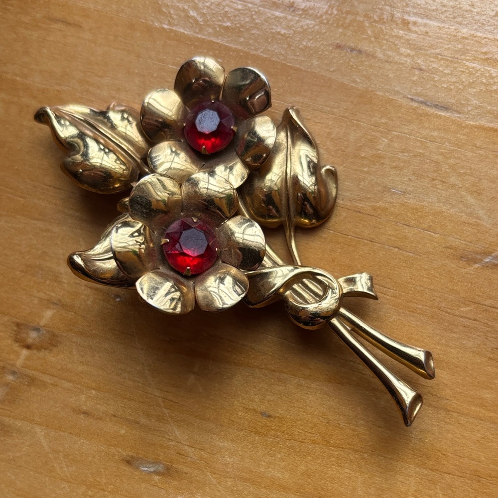 Vintage Coro Floral Brooch with Red Rhinestones